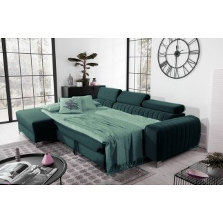 Canapé d'angle convertible en tissu velours Luxe vert, 5 places, angle gauche (vu de face) - GRECE VELOURS