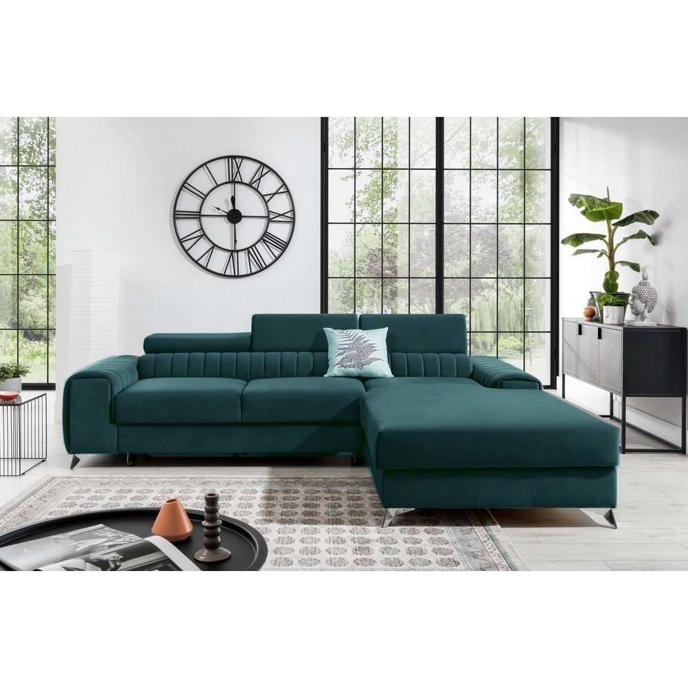 - Canapé d'angle convertible en tissu velours Luxe vert, 5 places, angle droit (vu de face) - GRECE VELOURS - Canapé d'angle convertible en tissu velours Luxe vert, 5 places, angle droit (vu de face) - GRECE VELOURS