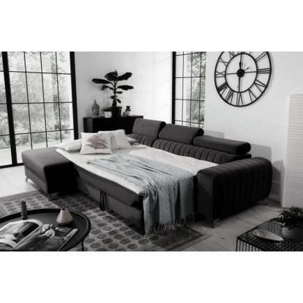 Canapé d'angle convertible en tissu velours Luxe noir, 5 places, angle gauche (vu de face) - GRECE VELOURS