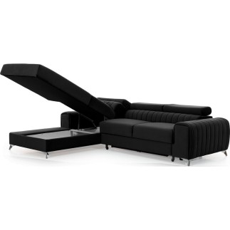 Canapé d'angle convertible en tissu velours Luxe noir, 5 places, angle gauche (vu de face) - GRECE VELOURS