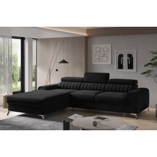 Canapé d'angle convertible en tissu velours Luxe noir, 5 places, angle gauche (vu de face) - GRECE VELOURS