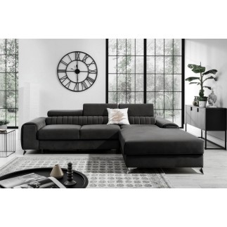 Canapé d'angle convertible en tissu velours Luxe noir, 5 places, angle droit (vu de face) - GRECE VELOURS