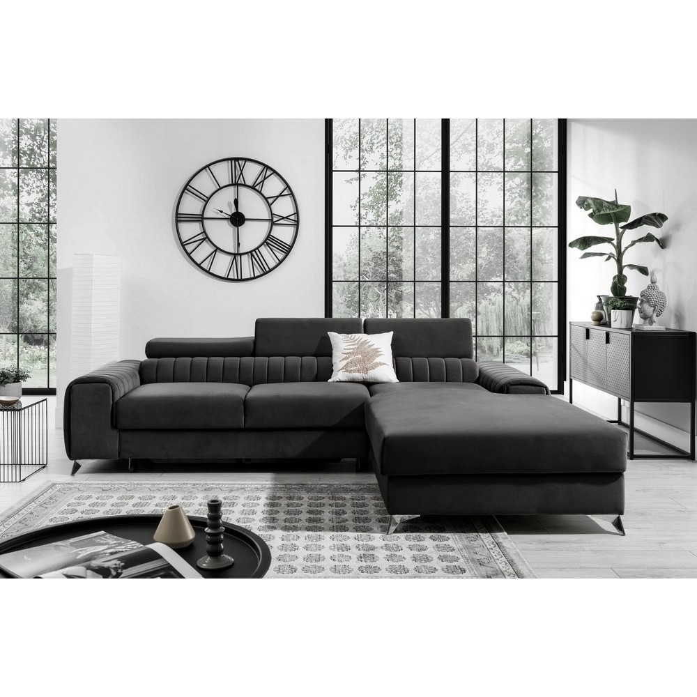 Canapé d'angle convertible en tissu velours Luxe noir, 5 places, angle droit (vu de face) - GRECE VELOURS Canapé d'angle convertible en tissu velours Luxe noir, 5 places, angle droit (vu de face) - GRECE VELOURS