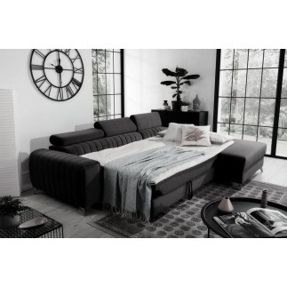 Canapé d'angle convertible en tissu velours Luxe noir, 5 places, angle droit (vu de face) - GRECE VELOURS