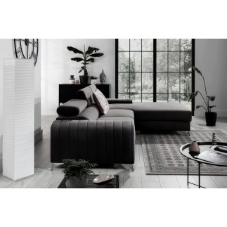Canapé d'angle convertible en tissu velours Luxe noir, 5 places, angle droit (vu de face) - GRECE VELOURS