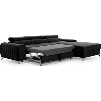 Canapé d'angle convertible en tissu velours Luxe noir, 5 places, angle droit (vu de face) - GRECE VELOURS
