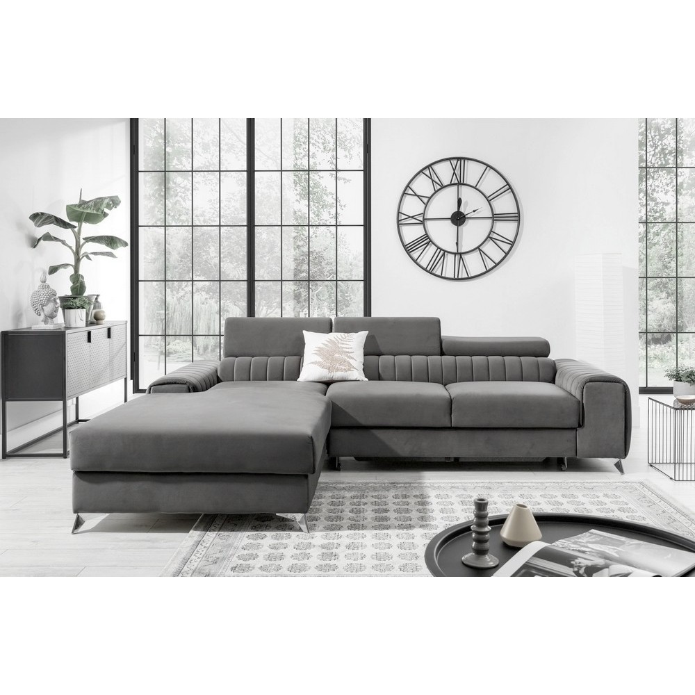 Canapé d'angle convertible en tissu velours Luxe gris, 5 places, angle gauche (vu de face) - GRECE VELOURS Canapé d'angle convertible en tissu velours Luxe gris, 5 places, angle gauche (vu de face) - GRECE VELOURS