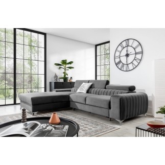 Canapé d'angle convertible en tissu velours Luxe gris, 5 places, angle gauche (vu de face) - GRECE VELOURS