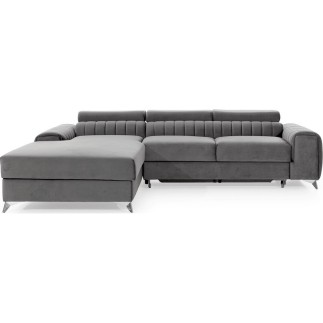 Canapé d'angle convertible en tissu velours Luxe gris, 5 places, angle gauche (vu de face) - GRECE VELOURS