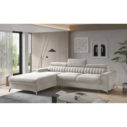 Canapé d'angle convertible en tissu velours Luxe beige, 5 places, angle gauche (vu de face) - GRECE VELOURS