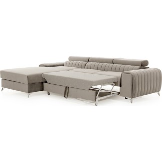Canapé d'angle convertible en tissu velours Luxe beige, 5 places, angle gauche (vu de face) - GRECE VELOURS