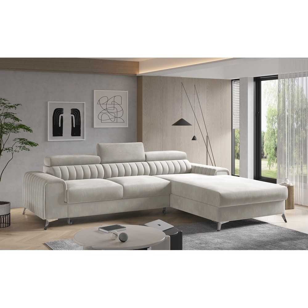 Canapé d'angle convertible en tissu velours Luxe beige, 5 places, angle droit (vu de face) - GRECE VELOURS