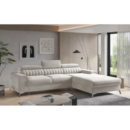 Canapé d'angle convertible en tissu velours Luxe beige, 5 places, angle droit (vu de face) - GRECE VELOURS