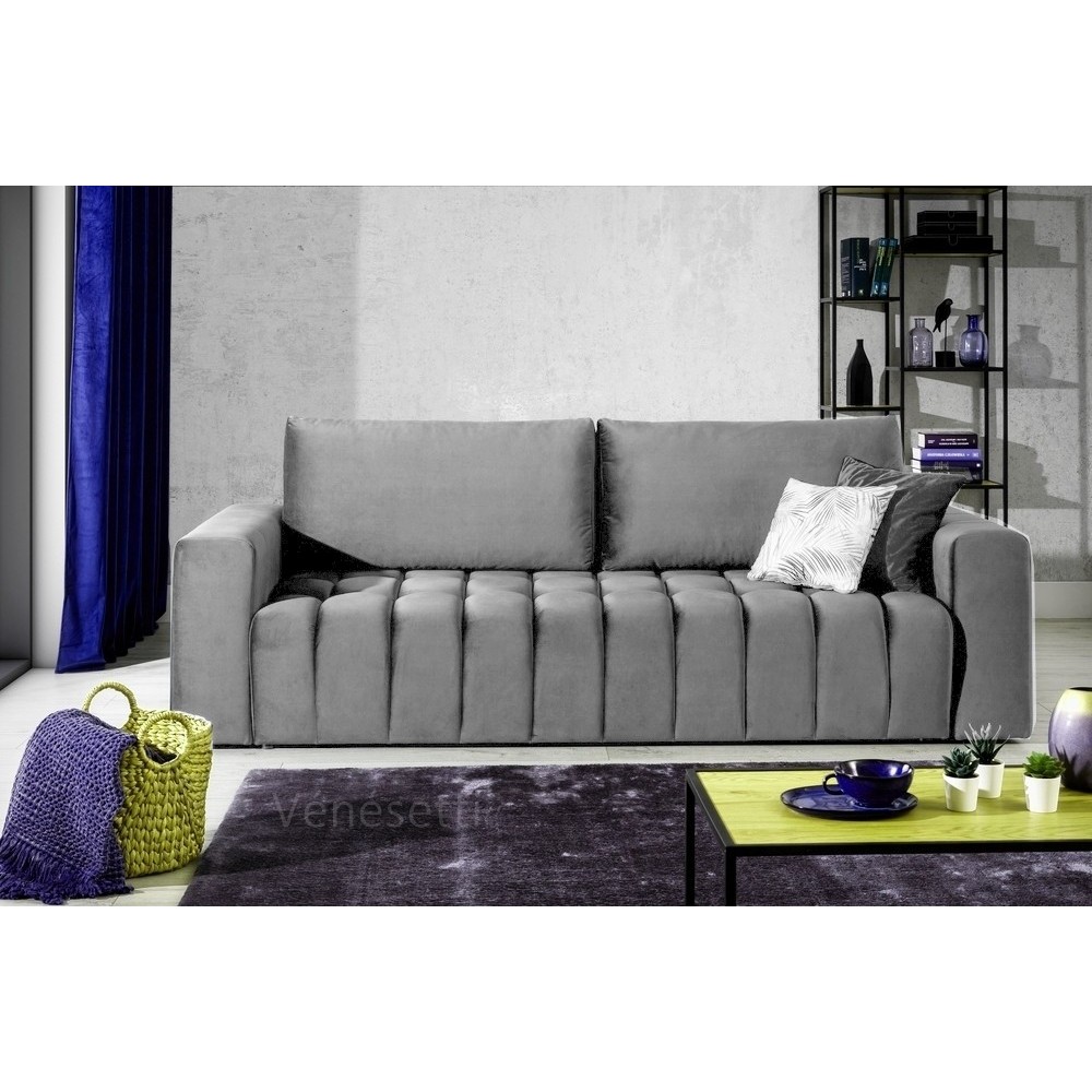 Canapé 3 places convertible et espace de rangement - Gris - en tissu velours de qualité luxe, LAZIO