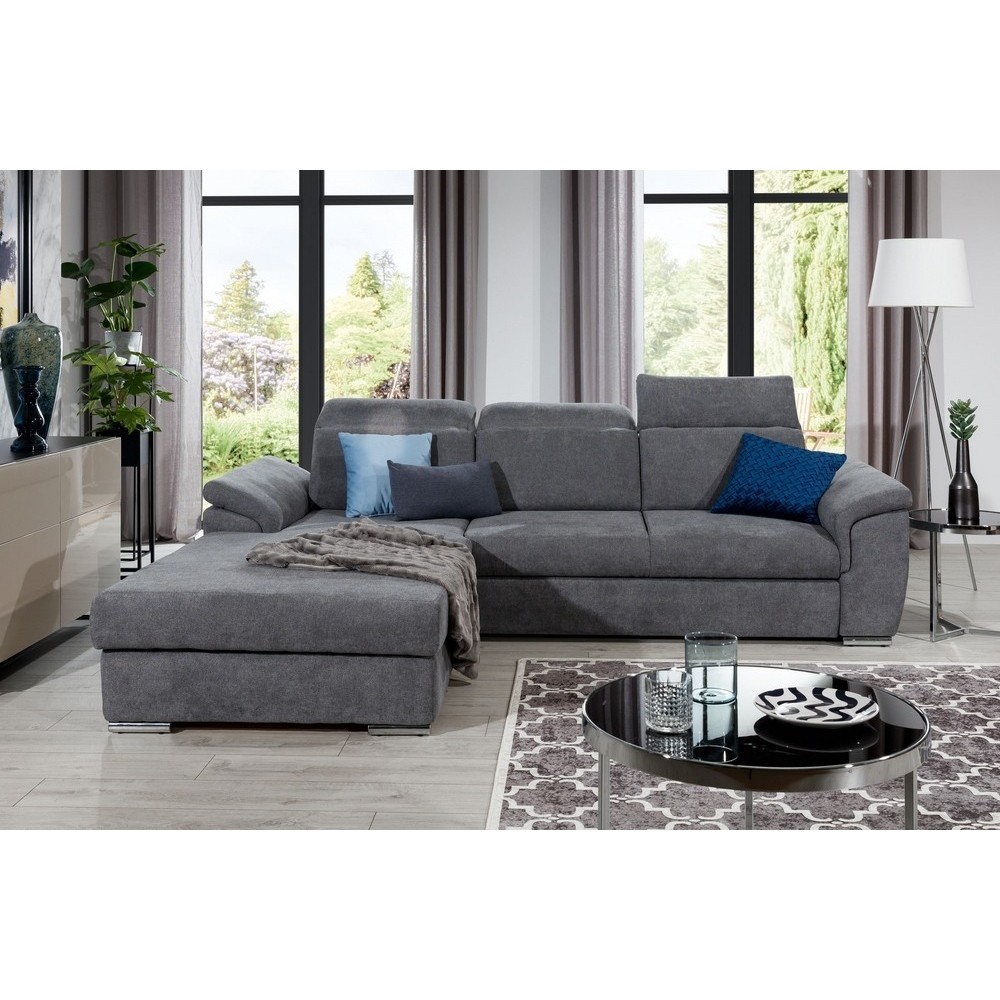 - Canapé d'angle convertible en tissu Luxe gris foncé, 5 places, angle gauche (vu de face) , TRESOR - Canapé d'angle convertible en tissu Luxe gris foncé, 5 places, angle gauche (vu de face) , TRESOR