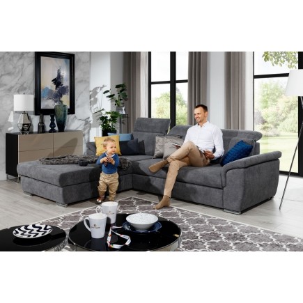 - Canapé d'angle convertible en tissu Luxe gris foncé, 5 places, angle gauche (vu de face) , TRESOR