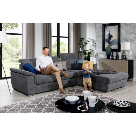 Canapé d'angle convertible en tissu Luxe gris foncé, 5 places, angle droit (vu de face) - TRESOR