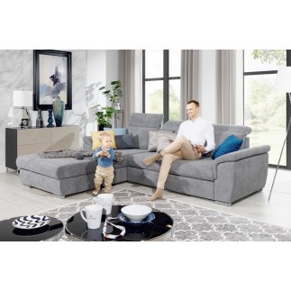 Canapé d'angle convertible en tissu Luxe, gris, 5 places, angle gauche (vu de face) , TRESOR
