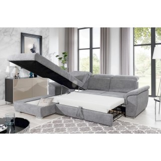 Canapé d'angle convertible en tissu Luxe, gris, 5 places, angle gauche (vu de face) , TRESOR