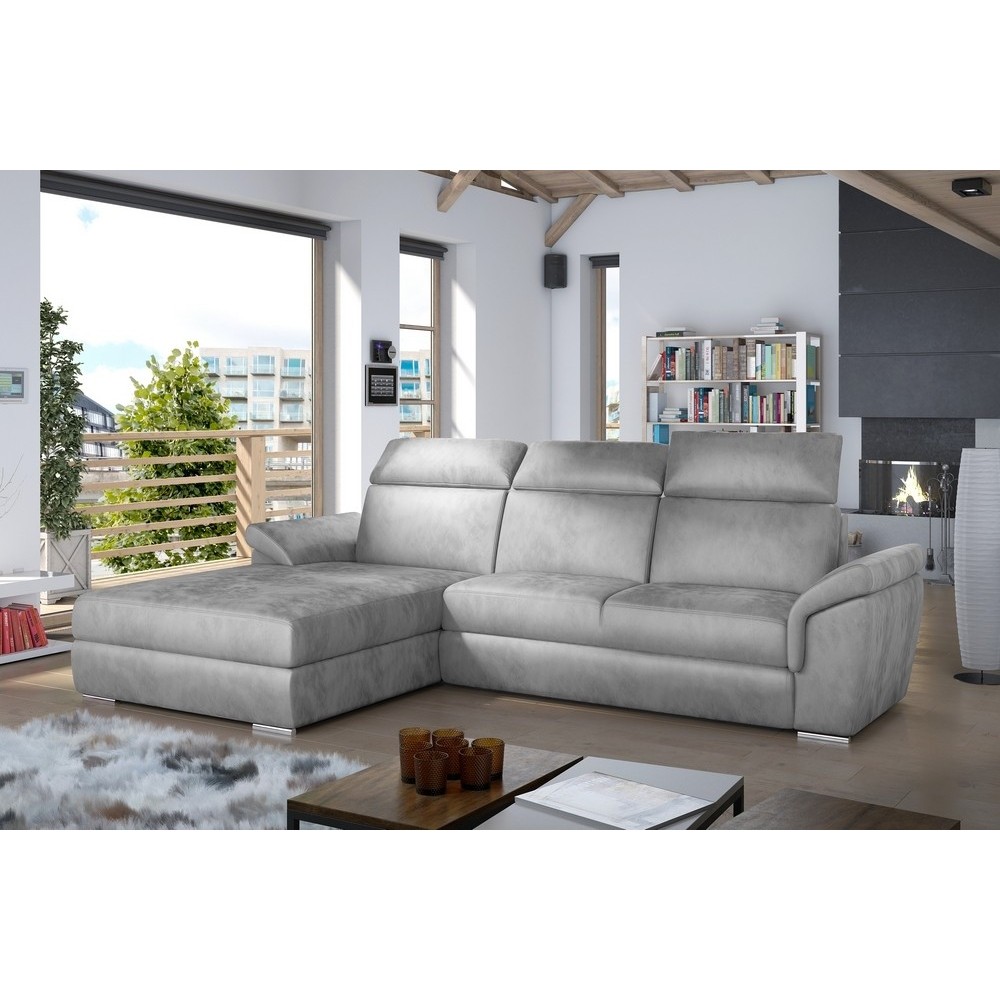 - Canapé d'angle convertible en tissu velours Prestige, gris, 5 places, angle gauche (vu de face) - TRESOR - Canapé d'angle convertible en tissu velours Prestige, gris, 5 places, angle gauche (vu de face) - TRESOR