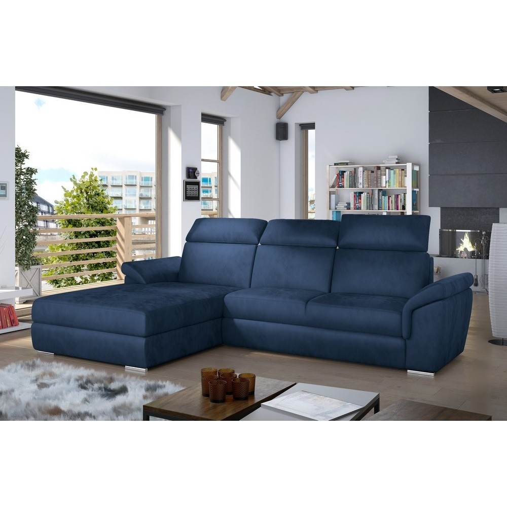 Canapé d'angle convertible en tissu velours Prestige, bleu, 5 places, angle gauche (vu de face) - TRESOR Canapé d'angle convertible en tissu velours Prestige, bleu, 5 places, angle gauche (vu de face) - TRESOR