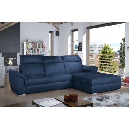 Canapé d'angle convertible en tissu velours Prestige, bleu, 5 places, angle droit (vu de face) - TRESOR