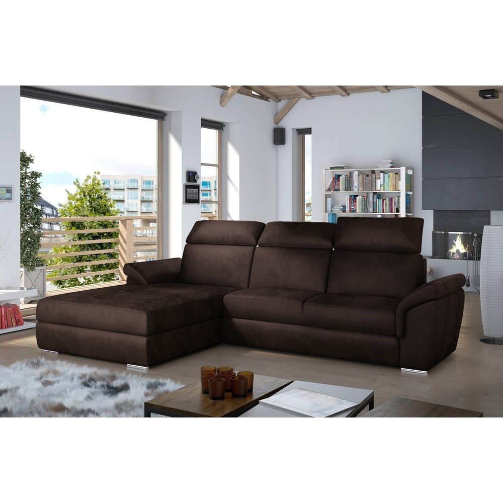 Canapé d'angle convertible en tissu velours Prestige, marron, 5 places, angle gauche (vu de face) - TRESOR Canapé d'angle convertible en tissu velours Prestige, marron, 5 places, angle gauche (vu de face) - TRESOR