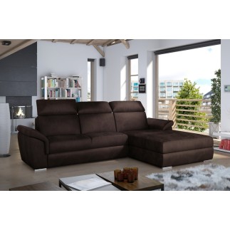 Canapé d'angle convertible en tissu velours Prestige, marron, 5 places, angle droit (vu de face) - TRESOR