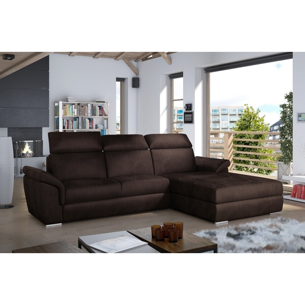 Canapé d'angle convertible en tissu velours Prestige, marron, 5 places, angle droit (vu de face) - TRESOR Canapé d'angle convertible en tissu velours Prestige, marron, 5 places, angle droit (vu de face) - TRESOR