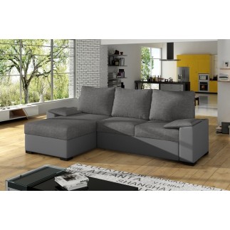 Canapé d'angle convertible - en tissu gris et simili gris, angle gauche (vu de face) - LUCAS
