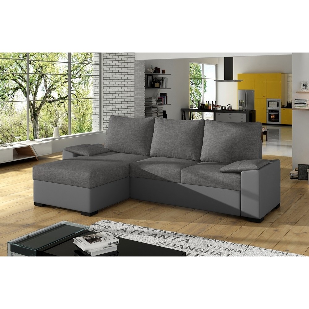 Canapé d'angle convertible - en tissu gris et simili gris, angle gauche (vu de face) - LUCAS, 4 places Canapé d'angle convertible - en tissu gris et simili gris, angle gauche (vu de face) - LUCAS, 4 places