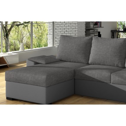 Canapé d'angle convertible - en tissu gris et simili gris, angle gauche (vu de face) - LUCAS, 4 places