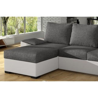 Canapé d'angle convertible - en tissu gris et simili blanc, angle gauche (vu de face) - LUCAS, 4 places