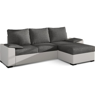 Canapé d'angle convertible en tissu gris et simili blanc, angle droit (vu de face), LUCAS