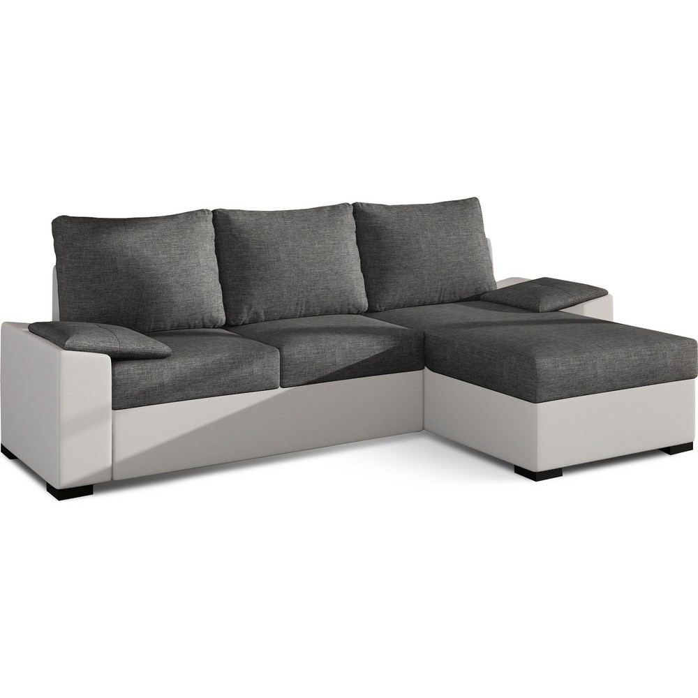 Canapé d'angle convertible en tissu gris et simili blanc, angle droit (vu de face), LUCAS, 4 places Canapé d'angle convertible en tissu gris et simili blanc, angle droit (vu de face), LUCAS, 4 places