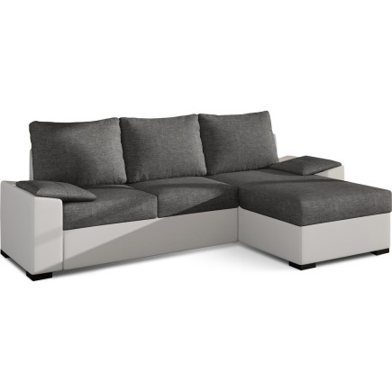 Canapé d'angle convertible en tissu gris et simili blanc, angle droit (vu de face), LUCAS