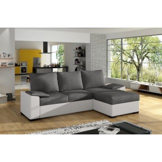 Canapé d'angle convertible en tissu gris et simili blanc, angle droit (vu de face), LUCAS