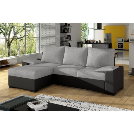 Canapé d'angle convertible - en tissu gris et simili noir, angle gauche (vu de face) - LUCAS