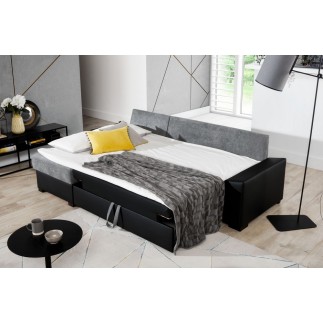 Canapé d'angle convertible - en tissu gris et simili noir, angle gauche (vu de face) - LUCAS