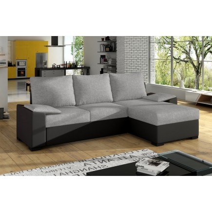 Canapé d'angle convertible - en tissu gris et simili noir, angle droit (vu de face) - LUCAS