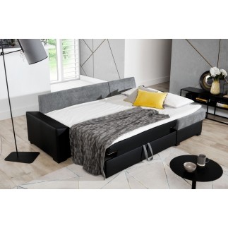 Canapé d'angle convertible - en tissu gris et simili noir, angle droit (vu de face) - LUCAS