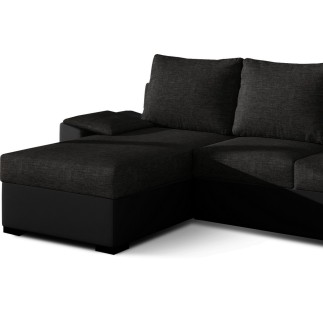 Canapé d'angle convertible - en tissu noir et simili noir, angle gauche (vu de face) - LUCAS, 4 places