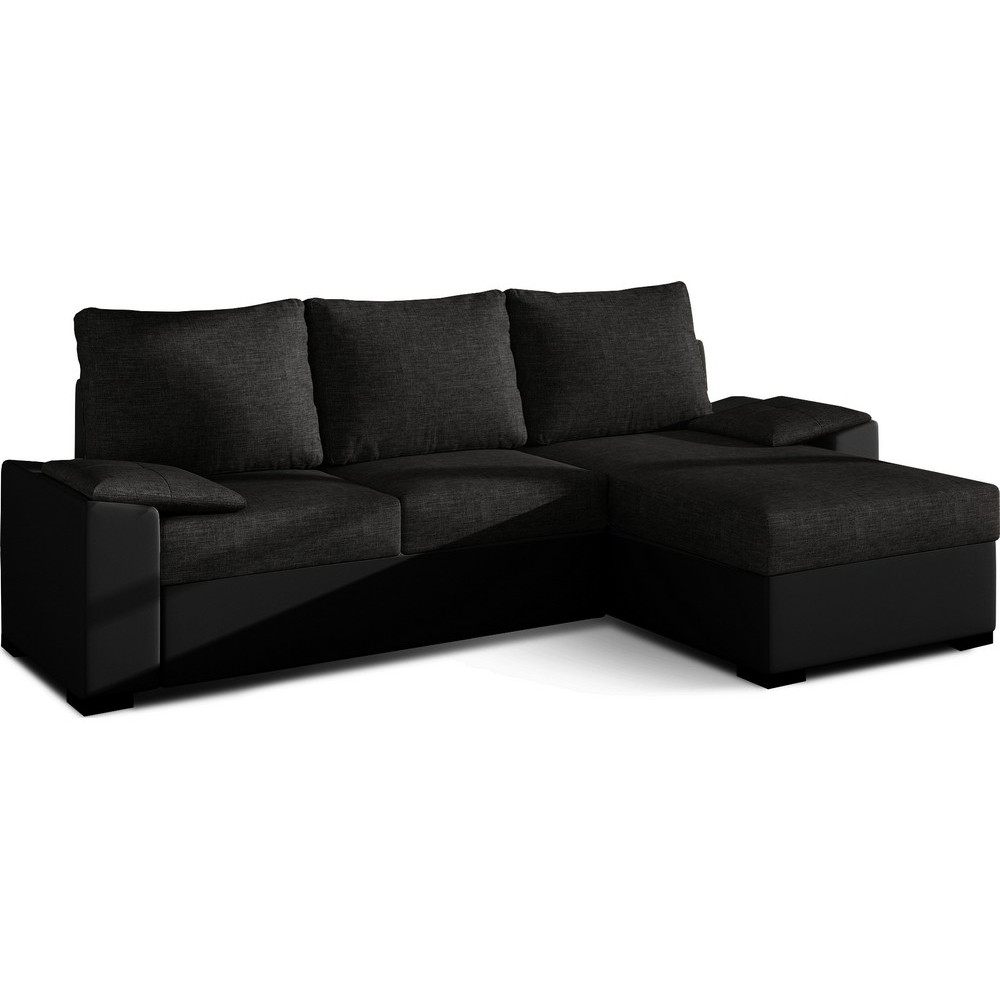 Canapé d'angle convertible - en tissu noir et simili noir, angle droit (vu de face) - LUCAS, 4 places Canapé d'angle convertible - en tissu noir et simili noir, angle droit (vu de face) - LUCAS, 4 places