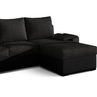 Canapé d'angle convertible - en tissu noir et simili noir, angle droit (vu de face) - LUCAS, 4 places