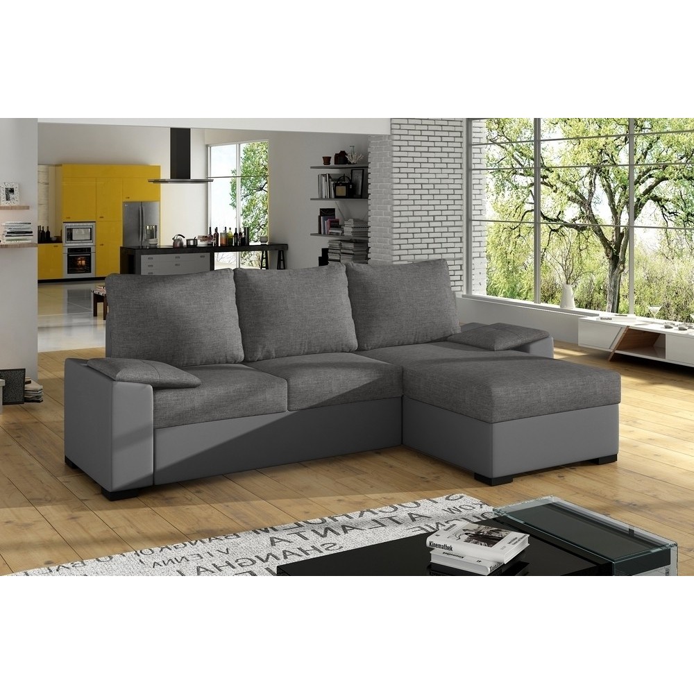 Canapé d'angle convertible - en tissu gris et simili gris, angle droit (vu de face) - LUCAS, 4 places Canapé d'angle convertible - en tissu gris et simili gris, angle droit (vu de face) - LUCAS, 4 places