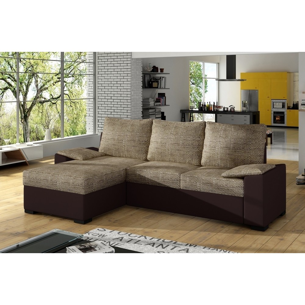 Canapé d'angle convertible - en tissu marron et simili chocolat, angle gauche (vu de face) - LUCAS, 4 places Canapé d'angle convertible - en tissu marron et simili chocolat, angle gauche (vu de face) - LUCAS, 4 places