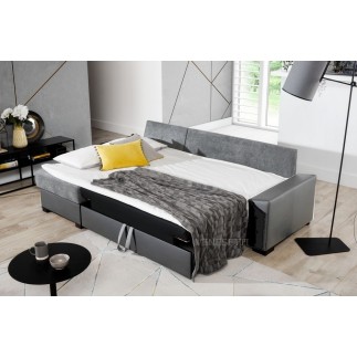 Canapé d'angle convertible - en tissu marron et simili chocolat, angle gauche (vu de face) - LUCAS