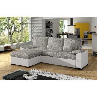 - Canapé d'angle convertible, en tissu gris et simili blanc, angle gauche (vu de face) - LUCAS
