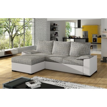 - Canapé d'angle convertible, en tissu gris et simili blanc, angle gauche (vu de face) - LUCAS