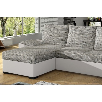 - Canapé d'angle convertible, en tissu gris et simili blanc, angle gauche (vu de face) - LUCAS, 4 places